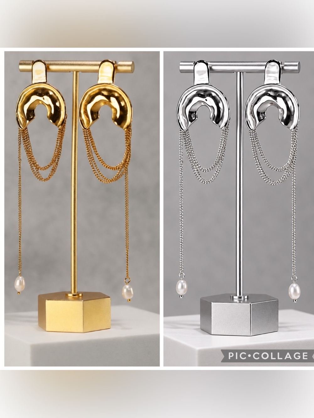 Sculpted Hoop Drop Earrings with Pearl Charm — Gold and Silver